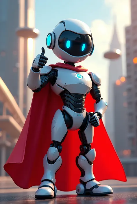 Friendly robot with red superhero cape,
giving a thumbs up