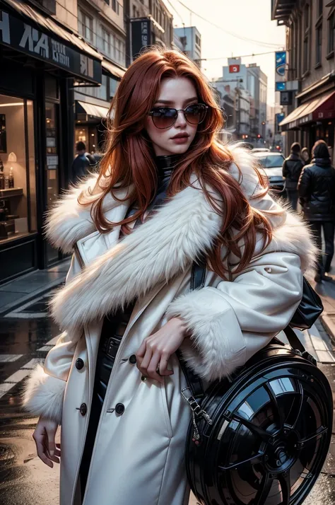 a beautiful young woman with long red hair, lora_emma, wearing a tight black latex two piece suit, a white fur coat, and sunglas...