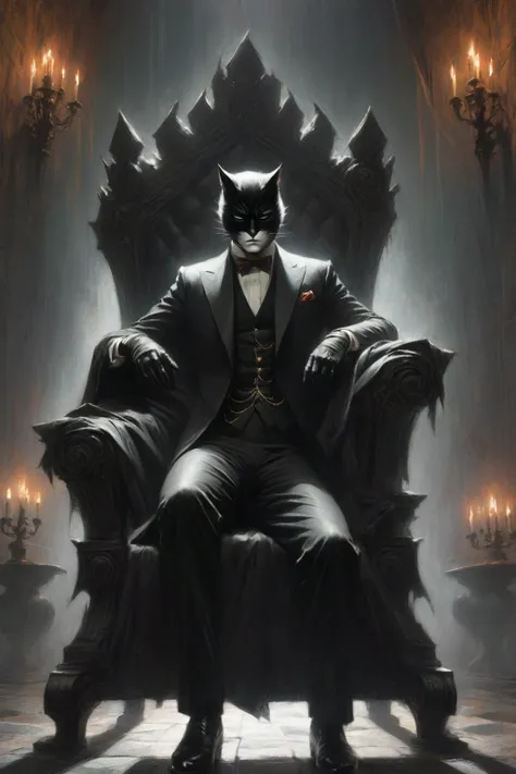 a fearsome, shadowy figure sits on a towering, jet-black throne with sharp, jagged edges that seem to cut through the very air a...