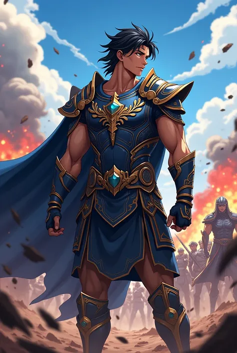 Anime drawing male character with black hair and blue eyes talking in a gladiator outfit in the middle of a war 