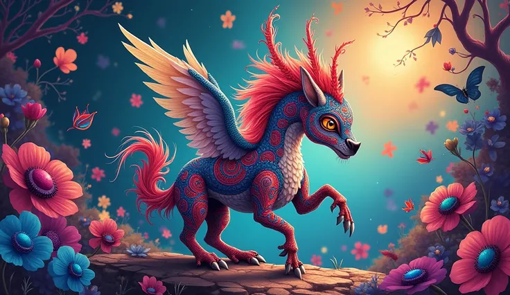 "Create an illustration of an imaginary animal alebrije formed from the mixture of several animals that can belong to any animal kingdom. They combine physiognomic elements of various animals, both real and imaginary, in a single being.