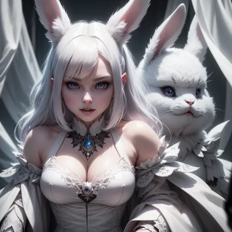 a cute but evil looking female white bunny, detailed bunny face, piercing eyes, sharp fangs, fluffy white fur, mischievous expression, detailed intricate patterns, fantasy, dark fantasy, digital art, highly detailed, 8k, photorealistic, cinematic lighting,...