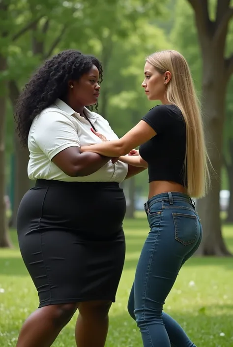 Create a realistic image of a 20 year old woman, obese, with black and dark skin, wearing a white shirt and black skirt and glasses, punching a 2 woman in the stomach, with light white skin, blonde hair long, slim body, wearing a long, tight black blouse a...