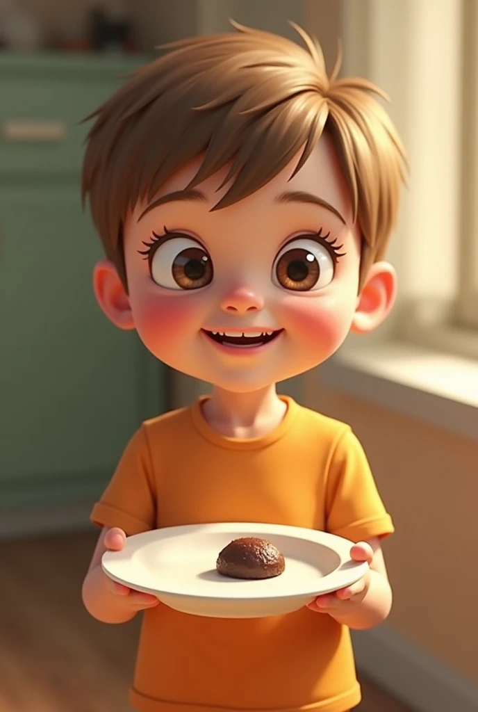 The same child from the drawing eating brigadeiro without the plate in the image 