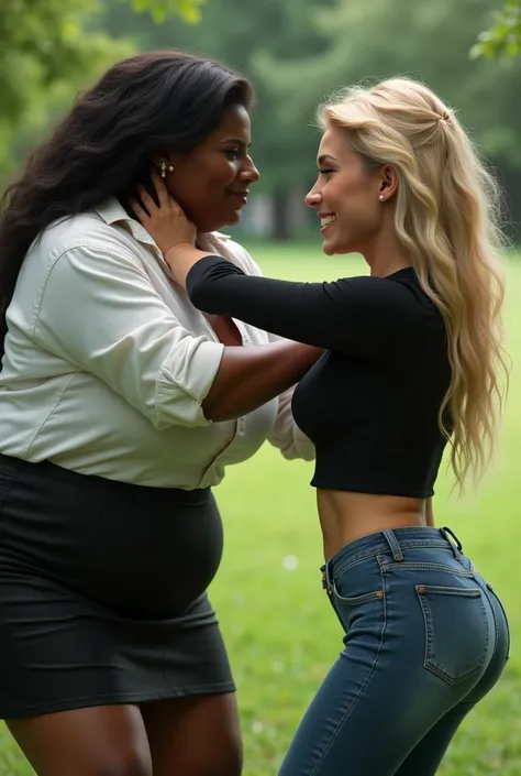 Create a realistic image of a 20 year old woman, obese, with black and dark skin, wearing a white shirt and black skirt and glasses, punching a 2 woman in the stomach, with light white skin, blonde hair long, slim body, wearing a long, tight black blouse a...