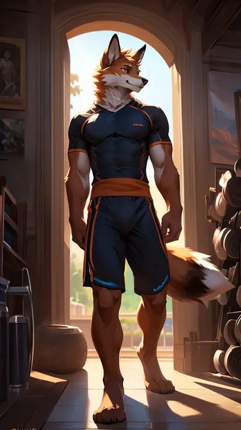 4k, high resolution, best quality, perfect colors, perfect shadows, perfect lighting, posted on e621, (by Chunie, by canyne khai, by t.y.starale), male, adult, furry, fox anthro, orange fur, light brown eyes, (Realistic eye details 1.2), back gym wear, in ...