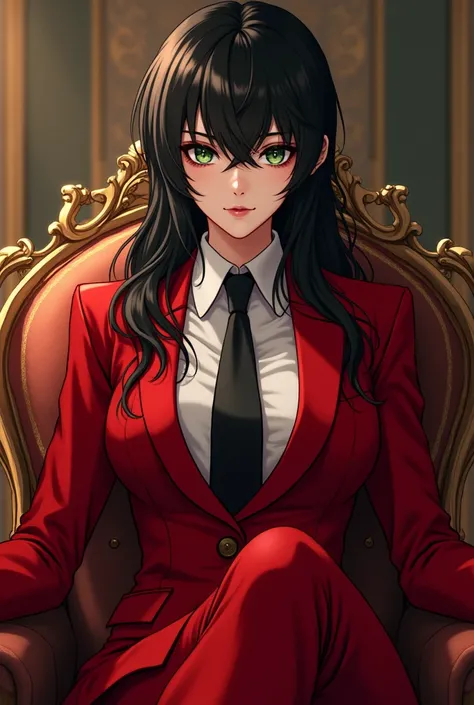 (manhwa:3.2) Bblack hair, greeneyes, Pretty Face Red Suit, black necktie, Royal bedroom background, seated in a chair,