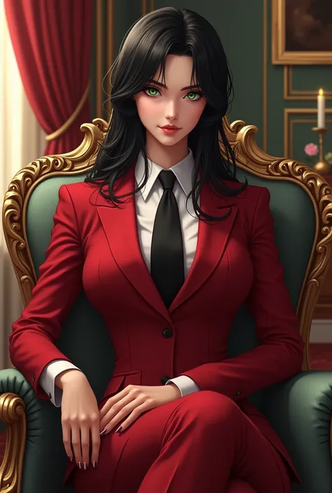 (manhwa:3.2) Bblack hair, greeneyes, Pretty Face Red Suit, black necktie, Royal bedroom background, seated in a chair,