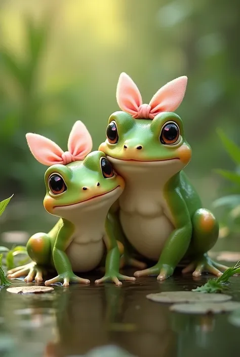 Create a picture of a little frog with a pink ribbon on its head and its daddy frog on one side.