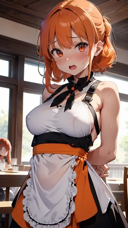 mastute piece,Best Quality,insanely detailed,8k cg,nsfw,
(shoot upper body:1.3),
(1girls:1.3),standing,looking at viewr,body in front,(arms behind back:1.4),(waitress costume:1.4,doble breasted,apron),(bare breasts),break,
blush,shy,(ecstasy face),(trembli...