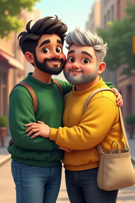 cute gay couple, chubby tanned boy with short wavy black hair, brown eyes, with mustache and bushy beard, round brown glasses, with green sweatshirt and jeans and chubby white boy, green eyes, light gray hair, short beard, yellow sweatshirt and black pants...