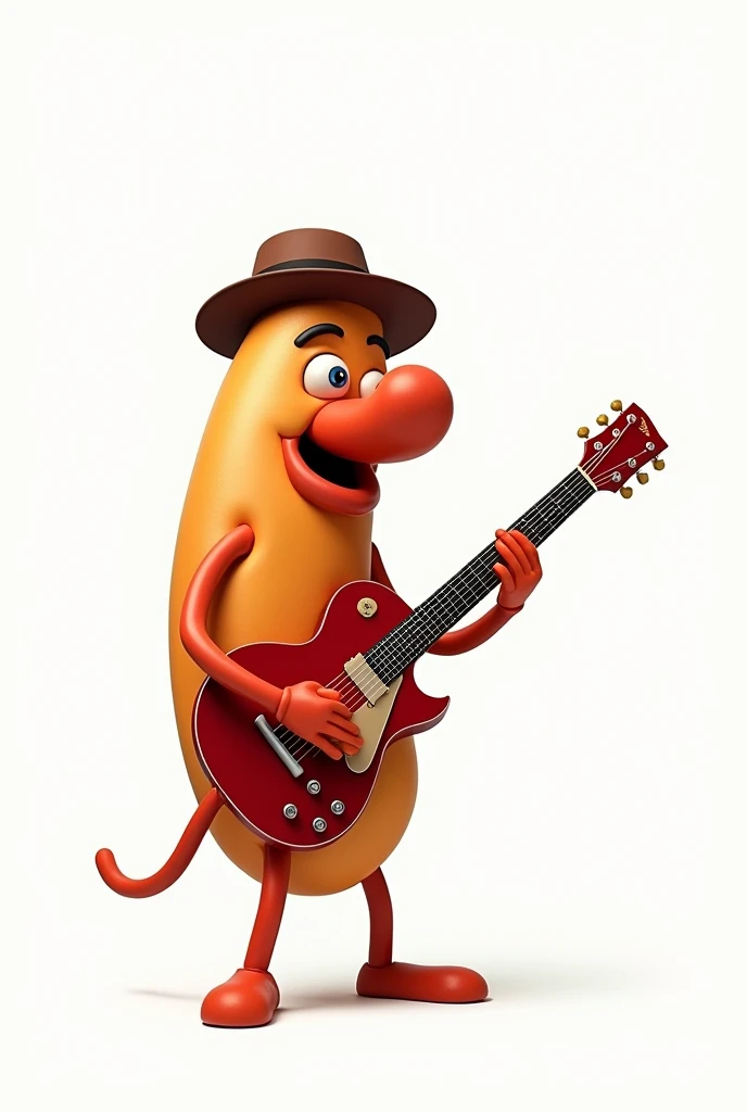 A choripán with a hat playing an electric guitar on a white background. Don&#39;t forget the bread