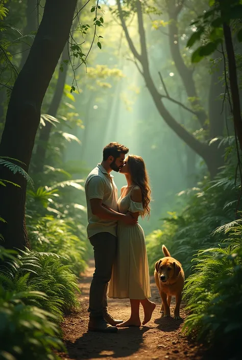 there are two people that are walking a dog in the woods, couple kissing, cinematic full shot, fotografia, by Nándor Katona, couple, couple portrait, romantic couple, in a jungle environment, romance, couple pose, couples portrait, lovely couple, lovely ki...