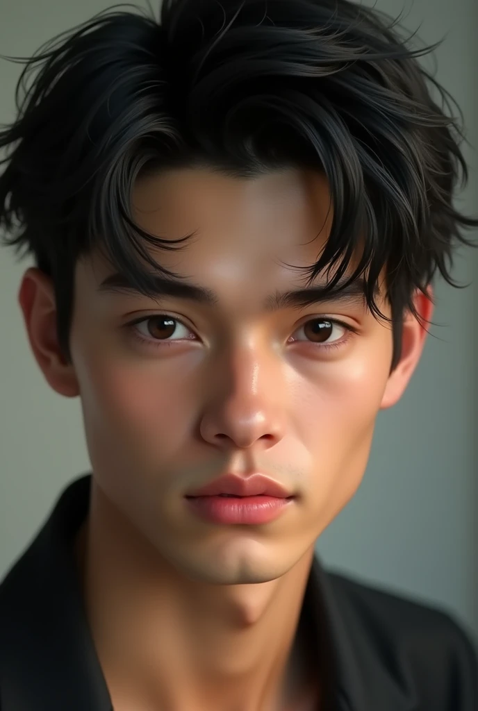 (photorealism:1.2), sexy guy, white skin, black hair, black eyes, Bambi eyes