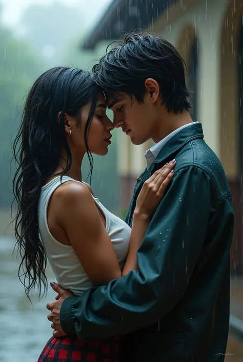 black teenager girl kissing white teenager boy in rain in school uniforms