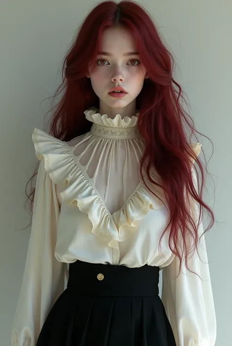  make a pale girl, with red eyes, He had long, dark red hair, a women&#39;s shirt with a high neck, Exaggerated ruffle hem and long sleeves, a black skirt with a beautiful body