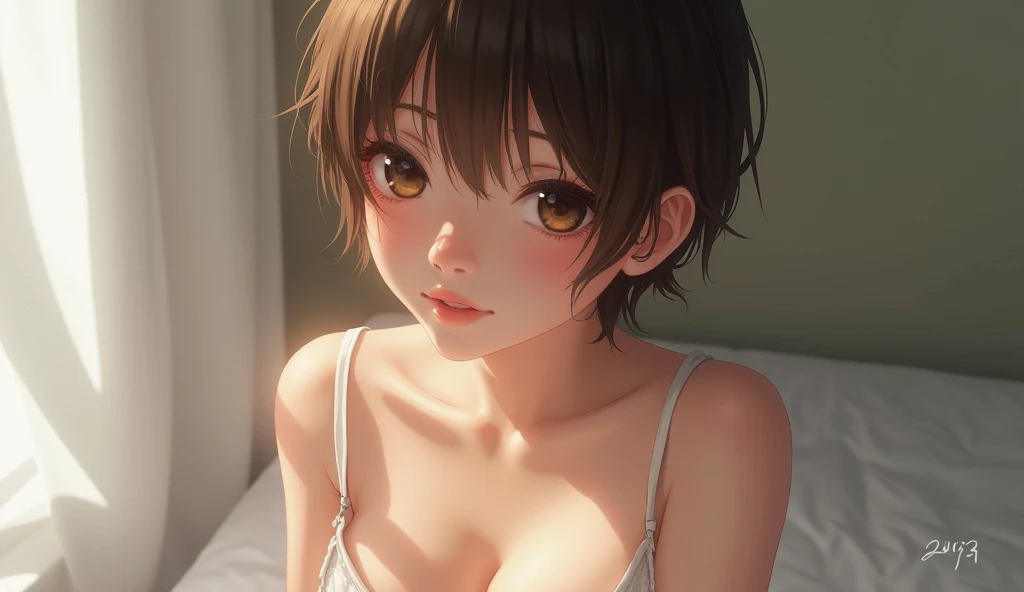 1girl,  japanese woman, short brown hair, short haircut, white camisole, B-cup breasts, white panties, shy expression, (best quality,4k,8k,highres,masterpiece:1.2),ultra-detailed,(realistic,photorealistic,photo-realistic:1.37),high quality portrait, detail...