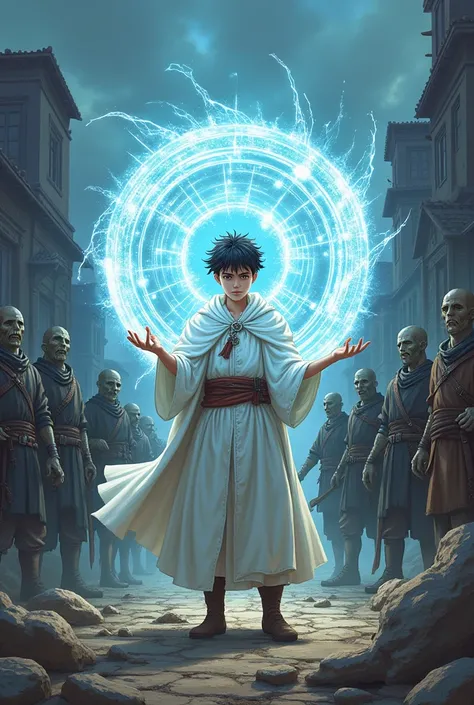 Fantasy Art, DND cover art, role playing art, dungeons and dragons Arte anime, Young cleric wizard in white robes healing allied soldiers with magic circles of light in a ruined village with zombies