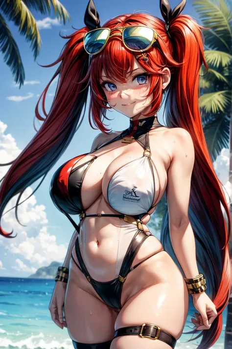 masterpiece, best quality, realistic, outdoor, 1girl, solo, mayswim, huge breasts, looking at viewer, blush, smile, blue eyes, sweat,  bracelet, thigh strap, ass visible through thighs, thigh gap, watson cross, red hair