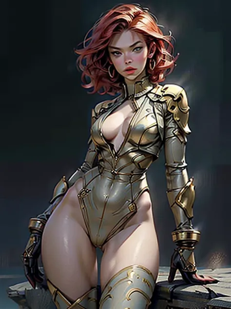 Scarlett Johansson 1 woman, bokatan, armor, red hair, battle pose, Photorealistic, Hyperrealistic, Hyperdetailed, analog style, hip cocked, cameltoe , demure, low cut, detailed skin, matte skin, soft lighting, subsurface scattering, realistic, heavy shadow...