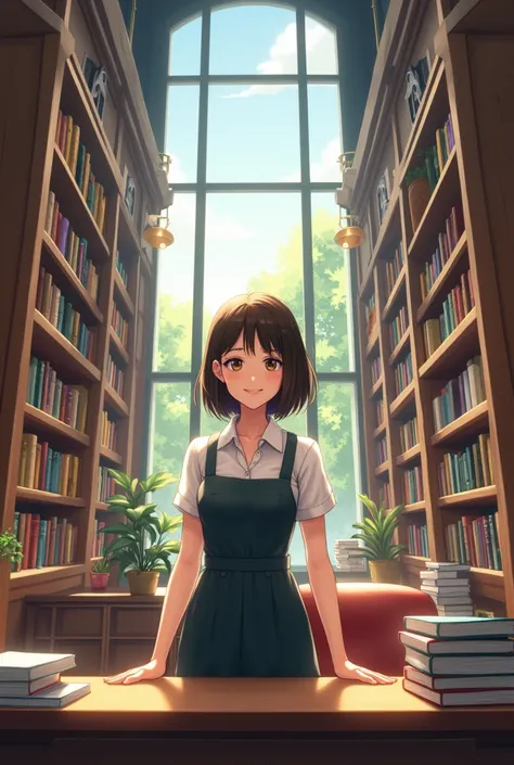 Create an image of a library in a school and a librarian working there who has the name Emi, that she is a brunette 