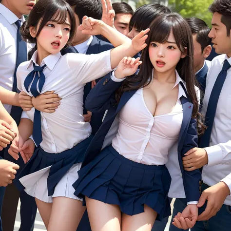 a beautiful innocent girl surrounded by excited high school boys, beautiful woman like an idol, she screams with her mouth open ...