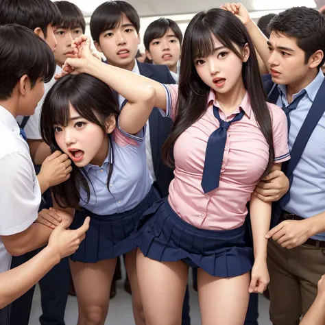 a beautiful innocent girl surrounded by excited high school boys, beautiful woman like an idol, she screams with her mouth open ...