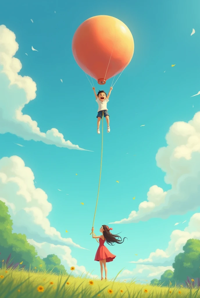 Animated image of a man flying in the sky like a balloon and a woman holding him with a rope from the ground so that he doesn&#39;t fly away.