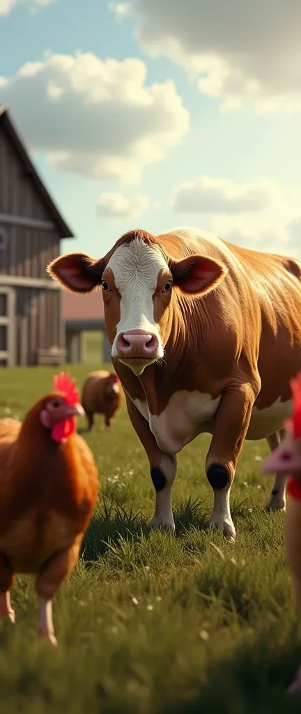 Farm where cows appear, Pigs and chickens in high definition and look very realistic