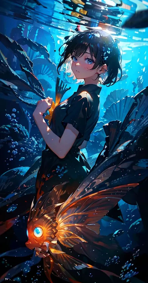 (The pieces fly), (Highest quality), Very detailed, (1 person:1.4), Solo full body shot, Perfect Face, beautiful girl, Very detailed顔，(Black short hair:1.5)，(blue eyes:1.4)，(float:1.4)，(Underwater:1.4)，(float:1.3)，seabed，Fish school，Light，jellyfish，Seaweed...