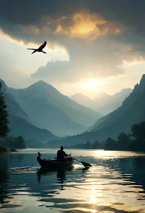 A fisherman fishing with a rod in a beautiful lake, birds flying around, Dawn lighting, sun rising on the horizon, Mountains in the background, magical summer scene, tranquillity, peace, (Best Quality,4k,8k,High resolution,masterpiece:1.2),ultra detailed,(...