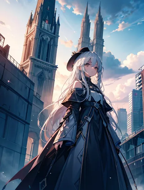 Girl looking up scene 1: The shadow of the tower at dusk A girl stands quietly with the sky as her backdrop, Dyed a bluish color. Towering before her was a gigantic structure called the Tower of Babel.. The Shape, Like piercing the clouds, It&#39;s like it...