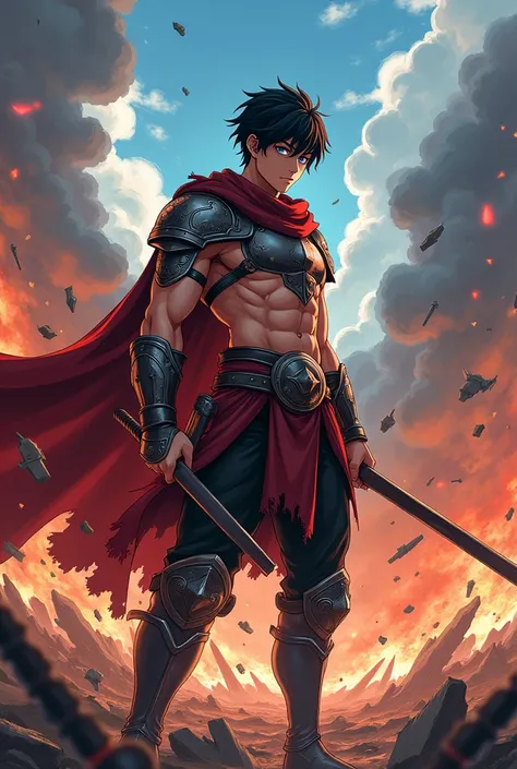 Anime drawing male character with black hair and blue eyes, gladiator outfit in the middle of the war 