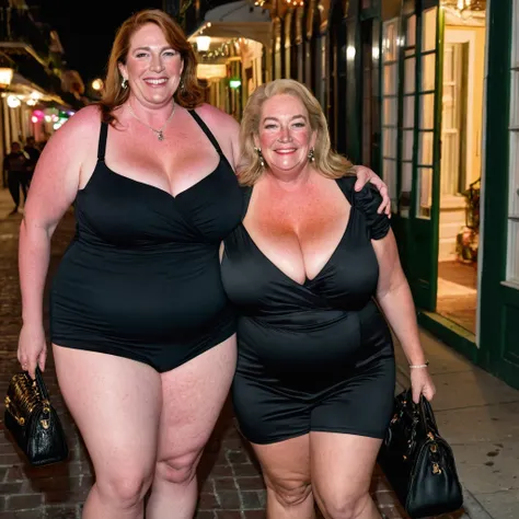 Two people (Man and Woman), Mature MILF Escorts wearing Black Dress with Massive Enhanced Breasts, BBW body filled with Cellulite and Freckles, Set in Night time, New Orleans, French Quarter, Standing on the sidewalk, Holding a purse, Hugged by an old reti...