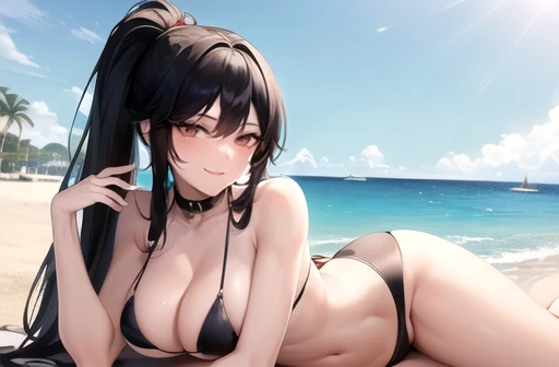 (((masterpiece,best quality,absurdres,8K,perfect body))) , ((black hair,longhair, large breasts, high ponytail,smile)),(((black bikini))),((Sexy pose,fullbody,beach))
