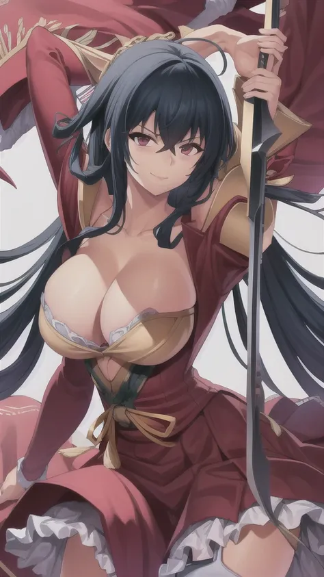 masterpiece,best quality,kim_kwang_hyun, 1girl, Taihou, taihoudefault, solo, long straight hair, huge breasts, looking at viewer, blue eyes, black hair, bangs, large huge breasts, long sleeves, dress, cleavage, closed mouth, weapon, puffy sleeves, arm up, ...