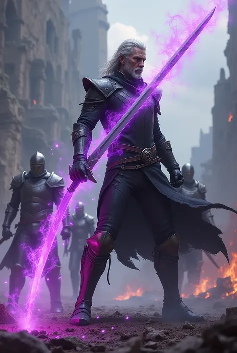 Swordsman with a sword that generates purple flames to attack armored soldiers.