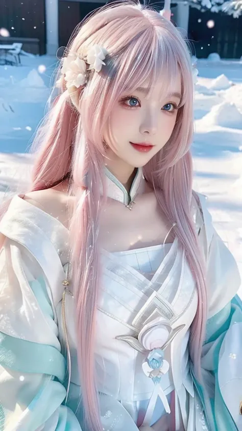 a close up of a woman with pink hair wearing a white dress, a colorized photo by Lü Ji, trending on cg society, plasticien, white hanfu, very long snow colored hair, beautiful long white hair