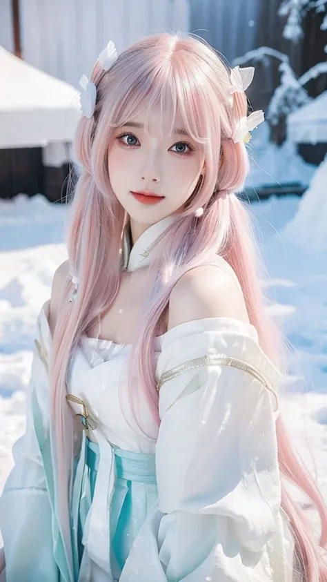 a close up of a woman with pink hair wearing a white dress, a colorized photo by Lü Ji, trending on cg society, plasticien, white hanfu, very long snow colored hair, beautiful long white hair