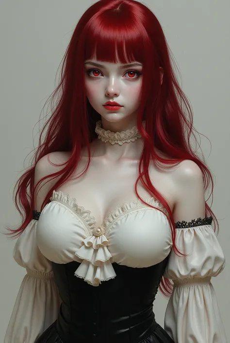  make a pale girl, with red eyes and small beautiful, He had long, dark red hair, a white women&#39;s shirt with a high collar, Exaggerated ruffle hem and long sleeves, a black mid-skirt and big breasts 