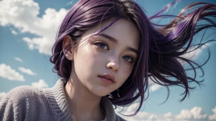 Video with girl with purple hair blowing in the wind.