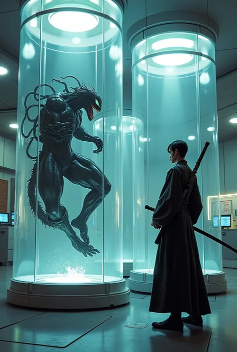 Venom and a Japanese Samurai、genetic research institute。There is a large glass cylinder used for scientific experiments。They are each contained in a cylinder。