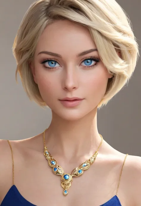 a beautiful woman perfect face blonde blue eyes short hair gold necklace