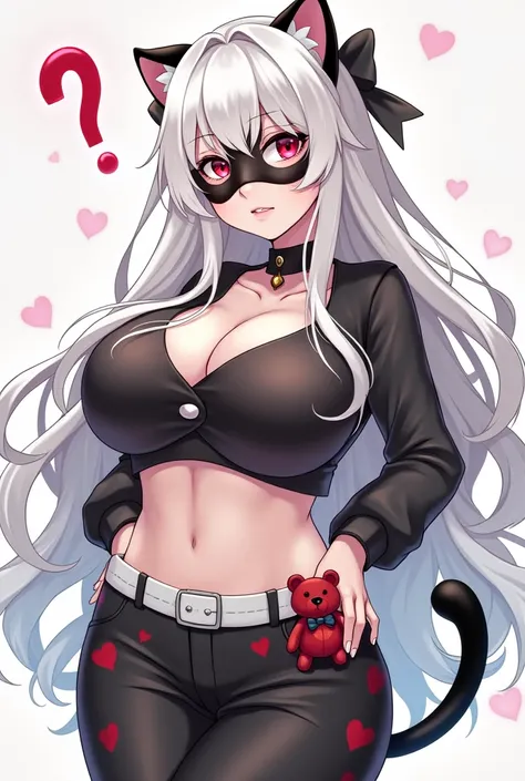 20-year-old adult anime girl with big tits and big ass who is beautiful and flirtatious with long white hair with a black bow in the back, a question mark next to the head, a long-sleeved top and black pants with white hearts, a short black skirt with a wh...