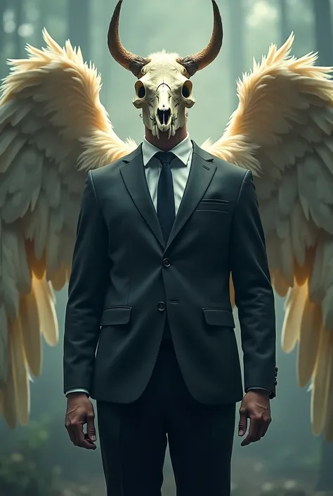 make a guy in a business suit wearing an animal skull as a helmet minus the hair part, The hair sticks out from the top, it has to have angel wings and it has to have an aura.