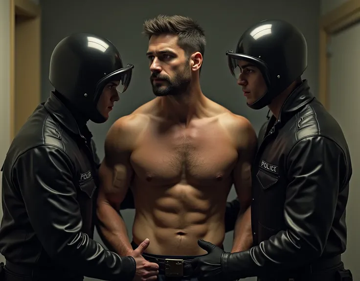 Two policemen in leather clothes tied up a muscle thief without a coat, handsome, muscle, chest hair, gay art, Finnish Tom style, film texture, blurred background, close-up of the protagonist