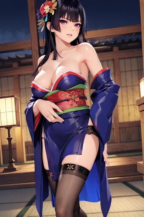 nyotengu, courtesan outfit, kimono, thighhighs, japanese hair ornaments, bare shoulders