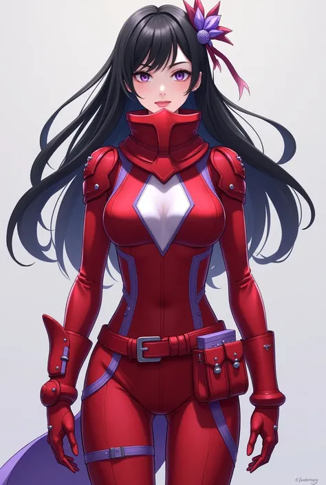 Create an image of a heroine&#39;s uniform, in red and lilac colors, with a red neck protector with lilac details. Neck collar style, covering the entire neck. Red utility belt with lilac pockets, Bblack hair, loose with lilac accessory.
