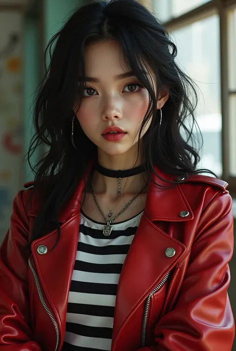 a girl wearing a striped shirt inside, a red leather jacket outside, a tight black necklace, very cool makeup, art style