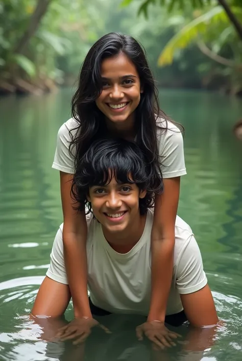 Create a realistic photograph of a smiling and beautiful wet hair waves layers indian actress in wet white t-shirt and black short pant sitting  on a teenager boy shoulders in a water lake in jungle , girl is sitting on top of his shoulders , girl on top, ...